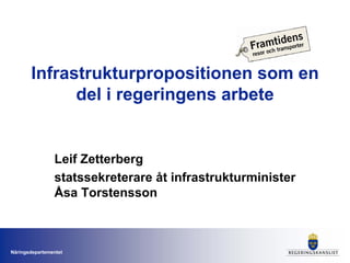 Infrastrukturpropositionen som en
             del i regeringens arbete


                Leif Zetterberg
                statssekreterare åt infrastrukturminister
                Åsa Torstensson



Näringsdepartementet
 