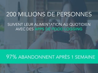 4
97% ABANDONNENT APRÈS 1 SEMAINE
200 MILLIONS DE PERSONNES
SUIVENT LEUR ALIMENTATION AU QUOTIDIEN
AVEC DES APPS DE FOOD LOGGING
 