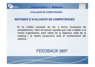 Organisation = Network
            AVALUACIÓ DE COMPETÈNCIES


SISTEMES D’AVALUACIÓ DE COMPETÈNCIES

 Hi ha moltes maneres de dur a terme l’avaluació de
 competències. Hem de buscar aquella que més s’adpati a la
 nostra organització, però sobre tot al objectius reals de la
 mateixa i al nostre compromís amb el manteniment del
 sistema .




                 FEEDBACK 360º
 