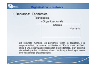 Organisation = Network

• Recursos: Econòmics
                  Tecnològics
                        Organitzacionals
                                Socials
                                                    Humans




   Els recursos humans, les persones, tenen la capacitat, i la
   responsabilitat, de marcar la diferència. Són la clau de l’èxit.
   Dins d´una organització necessiten d´un lideratge, d’un sistema
   de treball que les recolzi en el seu camí cap a l´èxit, que no és
   sinó l’èxit de les organitzacions.
 