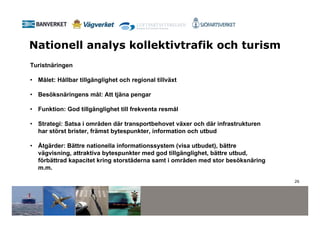 Nationell analys kollektivtrafik och turism
Turistnäringen

• Målet: Hållbar tillgänglighet och regional tillväxt

• Besöksnäringens mål: Att tjäna pengar

• Funktion: God tillgänglighet till frekventa resmål

• Strategi: Satsa i områden där transportbehovet växer och där infrastrukturen
  har störst brister, främst bytespunkter, information och utbud

• Åtgärder: Bättre nationella informationssystem (visa utbudet), bättre
  vägvisning, attraktiva bytespunkter med god tillgänglighet, bättre utbud,
  förbättrad kapacitet kring storstäderna samt i områden med stor besöksnäring
  m.m.

                                                                                 26
 