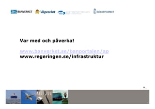 Var med och påverka!

www.banverket.se/banportalen/ap
www.regeringen.se/infrastruktur




                                  39
 