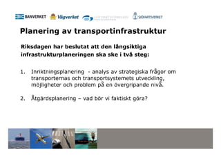 Planering av transportinfrastruktur

Riksdagen har beslutat att den långsiktiga
infrastrukturplaneringen ska ske i två steg:


1.   Inriktningsplanering - analys av strategiska frågor om
     transporternas och transportsystemets utveckling,
     möjligheter och problem på en övergripande nivå.

2.   Åtgärdsplanering – vad bör vi faktiskt göra?
 
