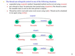  The thread can relinquish control in one of the following situations
 suspended using suspend() method. Suspended method can be revived using resume()
 put a thread to sleep for particular time period using sleep(time).The thread re-enters
the runnable state as soon as this time period is elapsed
 Thread has told to wait until some event occurs using wait(). Thread can be scheduled
to run again using notify()
suspend
resume()
Running Runnable Suspended
sleep(t)
after(t)
Running Runnable Suspended
wait()
notify()
Running Runnable Suspended
9
 