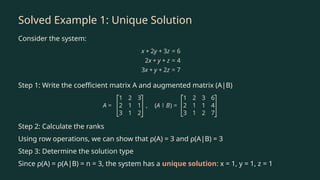 Solved Example 1: Unique Solution
Consider the system:
Step 1: Write the coefficient matrix A and augmented matrix (A|B)
Step 2: Calculate the ranks
Using row operations, we can show that ρ(A) = 3 and ρ(A|B) = 3
Step 3: Determine the solution type
Since ρ(A) = ρ(A|B) = n = 3, the system has a unique solution: x = 1, y = 1, z = 1
 