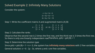 Solved Example 2: Infinitely Many Solutions
Consider the system:
Step 1: Write the coefficient matrix A and augmented matrix (A|B)
Step 2: Calculate the ranks
Observe that the second row is 2 times the first row, and the third row is 3 times the first row.
So there is only one linearly independent row.
Therefore, ρ(A) = ρ(A|B) = 1
Step 3: Determine the solution type
Since ρ(A) = ρ(A|B) = 1 < n = 3, the system has infinitely many solutions with 2 free variables.
General solution: x = 6 - 2y - 3z, where y and z are free variables.
 