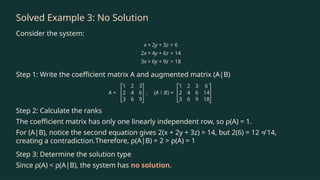 Solved Example 3: No Solution
Consider the system:
Step 1: Write the coefficient matrix A and augmented matrix (A|B)
Step 2: Calculate the ranks
The coefficient matrix has only one linearly independent row, so ρ(A) = 1.
For (A|B), notice the second equation gives 2(x + 2y + 3z) = 14, but 2(6) = 12 ≠ 14,
creating a contradiction.Therefore, ρ(A|B) = 2 > ρ(A) = 1
Step 3: Determine the solution type
Since ρ(A) < ρ(A|B), the system has no solution.
 