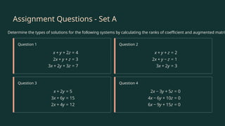 Assignment Questions - Set A
Determine the types of solutions for the following systems by calculating the ranks of coefficient and augmented matri
Question 1 Question 2
Question 3 Question 4
 