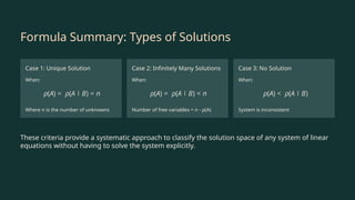 Formula Summary: Types of Solutions
Case 1: Unique Solution
When:
Where n is the number of unknowns
Case 2: Infinitely Many Solutions
When:
Number of free variables = n - ρ(A)
Case 3: No Solution
When:
System is inconsistent
These criteria provide a systematic approach to classify the solution space of any system of linear
equations without having to solve the system explicitly.
 