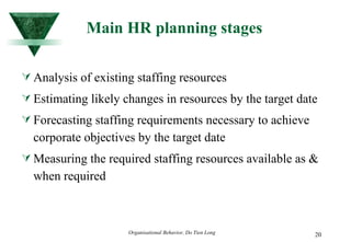 Main HR planning stages Analysis of existing staffing resources Estimating likely changes in resources by the target date Forecasting staffing requirements necessary to achieve corporate objectives by the target date Measuring the required staffing resources available as & when required 