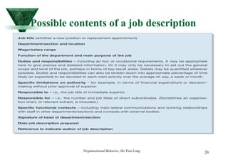 Possible contents of a job description 