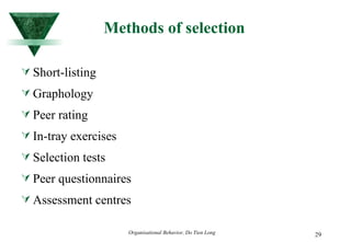 Methods of selection Short-listing Graphology Peer rating In-tray exercises Selection tests Peer questionnaires Assessment centres 