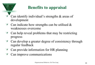 Benefits to appraisal Can identify individual’s strengths & areas of development Can indicate how strengths can be utilised & weaknesses overcome Can help reveal problems that may be restricting progress Can develop a greater degree of consistency through regular feedback Can provide information for HR planning Can improve communications  