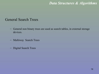 19
General Search Trees
– General non binary trees are used as search tables, in external storage
devices.
– Multiway Search Trees
– Digital Search Trees
Data Structures & Algorithms
 