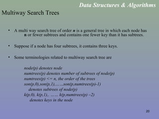 20
Multiway Search Trees
• A multi way search tree of order n is a general tree in which each node has
n or fewer subtrees and contains one fewer key than it has subtrees.
• Suppose if a node has four subtrees, it contains three keys.
• Some terminologies related to multiway search tree are
node(p) denotes node
numtrees(p) denotes number of subtrees of node(p)
numtrees(p) <= n, the order of the trees
son(p,0),son(p,1),……son(p,numtrees(p)-1)
denotes subtrees of node(p)
k(p,0), k(p,1),. …… k(p,numtrees(p) –2)
denotes keys in the node
Data Structures & Algorithms
 