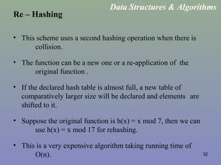 32
Re – Hashing
• This scheme uses a second hashing operation when there is
collision.
• The function can be a new one or a re-application of the
original function .
• If the declared hash table is almost full, a new table of
comparatively larger size will be declared and elements are
shifted to it.
• Suppose the original function is h(x) = x mod 7, then we can
use h(x) = x mod 17 for rehashing.
• This is a very expensive algorithm taking running time of
O(n).
Data Structures & Algorithms
 