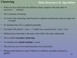 33
• When two keys that hash into different values compete with each other in
successive rehashes.
• This is primary clustering.
• To resolve this clustering, hash function is applied continuously until an empty slot
is found.
• To eliminate this, h(x) is applied repeatedly.
• First hash will yield h1 = h(x) + 1 %table size, second one h2 = h(x) +2 etc.
• Different keys that hash to the same value follow the same rehash path.
• This is called secondary clustering.
• To eliminate this double hashing is used.
• This involves use of two hash functions, h1(x) and h2(x).
• Primary hash function is used. If there is a collision, secondary function is
applied.
Data Structures & AlgorithmsClustering
 
