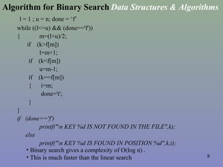 9
l = 1 ; u = n; done = ‘f’
while ((l<=u) && (done=='f'))
{ m=(l+u)/2;
if (k>f[m])
l=m+1;
if (k<f[m])
u=m-1;
if (k==f[m])
{ i=m;
done='t';
}
}
if (done=='f')
printf("n KEY %d IS NOT FOUND IN THE FILE",k);
else
printf("n KEY %d IS FOUND IN POSITION %d",k,i);
Data Structures & AlgorithmsAlgorithm for Binary Search
• Binary search gives a complexity of O(log n) .
• This is much faster than the linear search
 