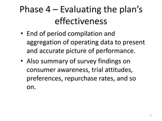 Phase 4 – Evaluating the plan’s
effectiveness
• End of period compilation and
aggregation of operating data to present
and accurate picture of performance.
• Also summary of survey findings on
consumer awareness, trial attitudes,
preferences, repurchase rates, and so
on.
17
 