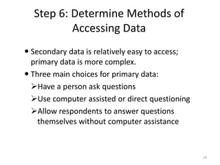 Step 6: Determine Methods of
Accessing Data
28
 Secondary data is relatively easy to access;
primary data is more complex.
 Three main choices for primary data:
Have a person ask questions
Use computer assisted or direct questioning
Allow respondents to answer questions
themselves without computer assistance
 
