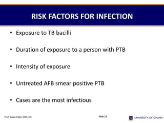 RISK FACTORS FOR INFECTION
• Exposure to TB bacilli
• Duration of exposure to a person with PTB
• Intensity of exposure
• Untreated AFB smear positive PTB
• Cases are the most infectious
Prof. Kwasi Addo, SON, UG Slide 25
 