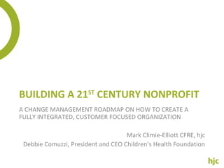 BUILDING A 21 ST  CENTURY NONPROFIT A CHANGE MANAGEMENT ROADMAP ON HOW TO CREATE A FULLY INTEGRATED, CUSTOMER FOCUSED ORGANIZATION Mark Climie-Elliott CFRE, hjc Debbie Comuzzi, President and CEO Children’s Health Foundation 