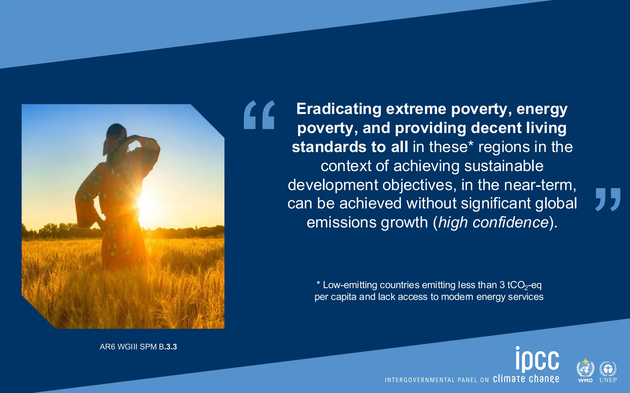 “ “
Eradicating extreme poverty, energy
poverty, and providing decent living
standards to all in these* regions in the
context of achieving sustainable
development objectives, in the near-term,
can be achieved without significant global
emissions growth (high confidence).
AR6 WGIII SPM B.3.3
* Low-emitting countries emitting less than 3 tCO2-eq
per capita and lack access to modern energy services
 