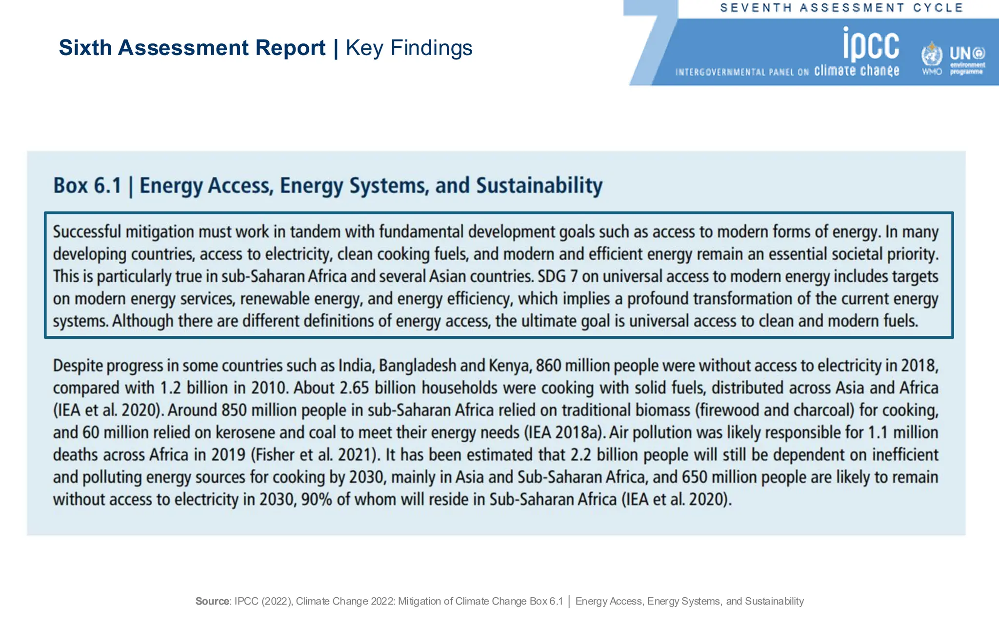 Sixth Assessment Report | Key Findings
Source: IPCC (2022), Climate Change 2022: Mitigation of Climate Change Box 6.1 │ Energy Access, Energy Systems, and Sustainability
 