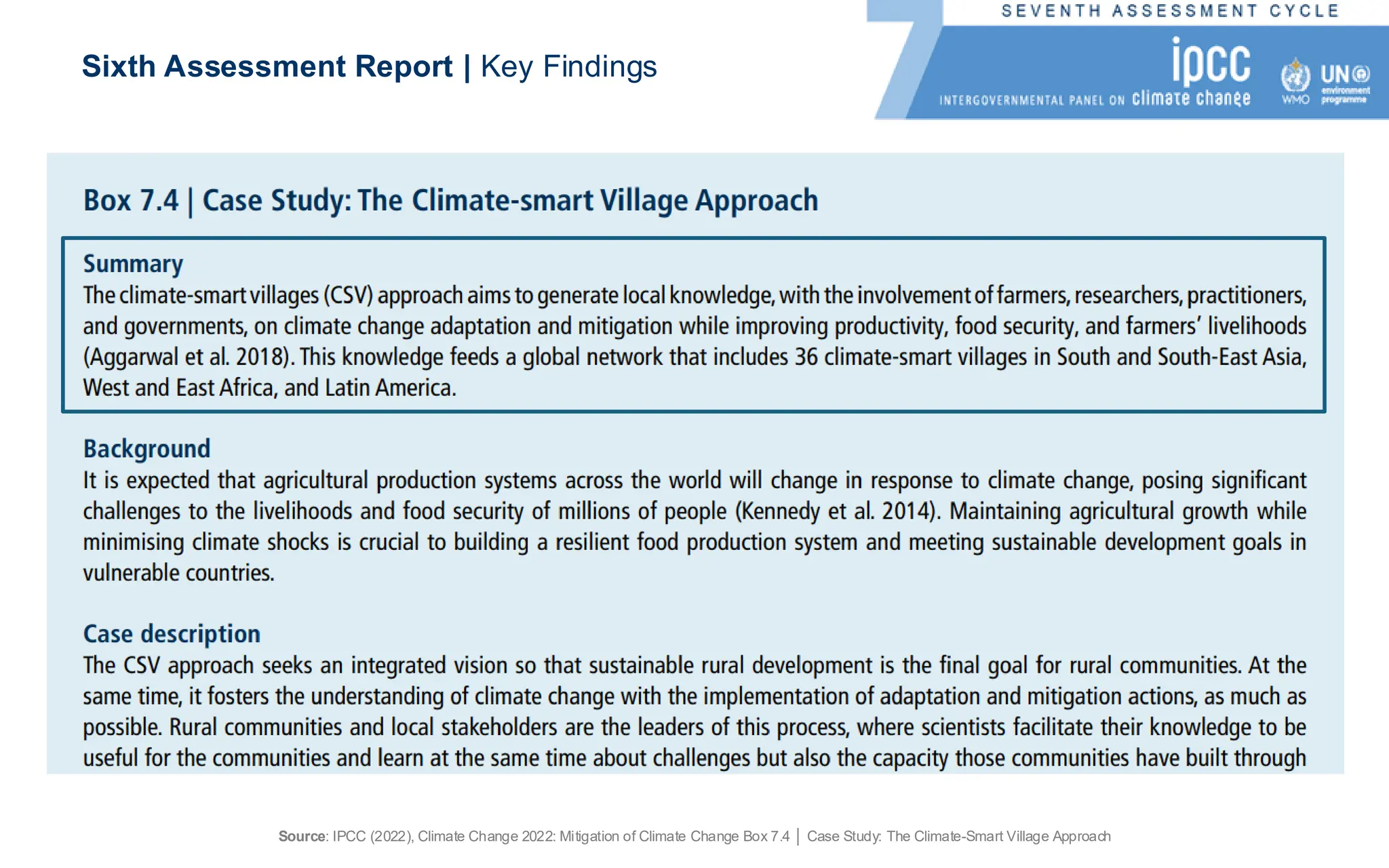 Sixth Assessment Report | Key Findings
Source: IPCC (2022), Climate Change 2022: Mitigation of Climate Change Box 7.4 │ Case Study: The Climate-Smart Village Approach
 