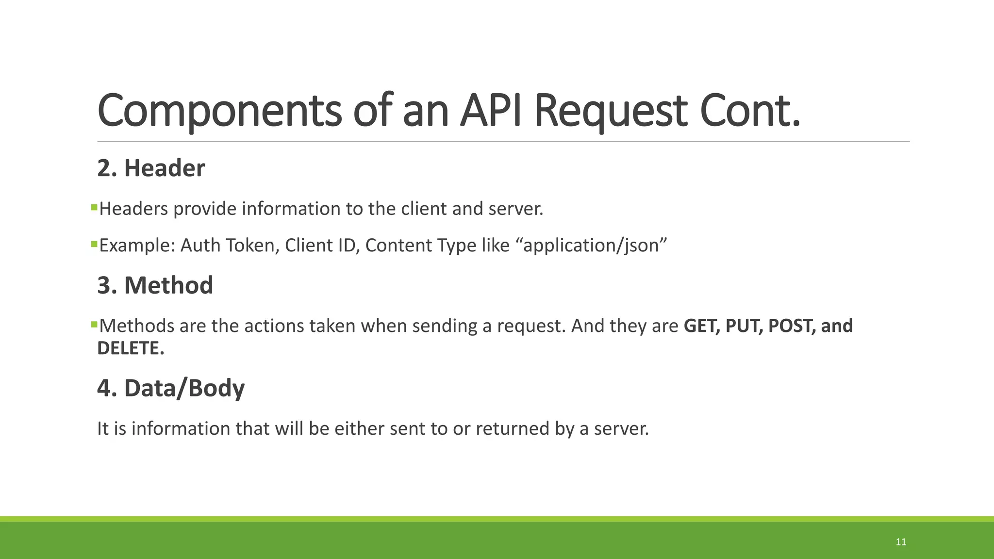 Components of an API Request Cont.
2. Header
Headers provide information to the client and server.
Example: Auth Token, Client ID, Content Type like “application/json”
3. Method
Methods are the actions taken when sending a request. And they are GET, PUT, POST, and
DELETE.
4. Data/Body
It is information that will be either sent to or returned by a server.
11
 