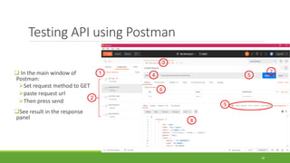 Testing API using Postman
 In the main window of
Postman:
Set request method to GET
paste request url
Then press send
See result in the response
panel
18
5
7
6
4
3
1
2
8
9
 