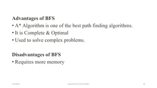 Advantages of BFS
• A* Algorithm is one of the best path finding algorithms.
• It is Complete & Optimal
• Used to solve complex problems.
Disadvantages of BFS
• Requires more memory
3/1/2023 Department of CSE (AI/ML) 16
 