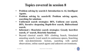 Topics covered in session 8
3/1/2023 Department of CSE (AI/ML) 3
• Problem solving by search-I: Introduction to AI, Intelligent
Agents.
• Problem solving by search-II: Problem solving agents,
searching for solutions
• Uniformed search strategies: BFS, Uniform cost search,
DFS, Iterative deepening Depth-first search, Bidirectional
search,
• Informed ( Heuristic) search strategies: Greedy best-first
search, A* search, Heuristic functions
• Beyond classical search: Hill- climbing Search, Simulated
annealing search, Local search in continuous spaces, Searching
with non-deterministic Actions, searching with partial
observations, online search agents and unknown environments.
 