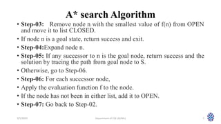 A* search Algorithm
• Step-03: Remove node n with the smallest value of f(n) from OPEN
and move it to list CLOSED.
• If node n is a goal state, return success and exit.
• Step-04:Expand node n.
• Step-05: If any successor to n is the goal node, return success and the
solution by tracing the path from goal node to S.
• Otherwise, go to Step-06.
• Step-06: For each successor node,
• Apply the evaluation function f to the node.
• If the node has not been in either list, add it to OPEN.
• Step-07: Go back to Step-02.
3/1/2023 Department of CSE (AI/ML) 7
 