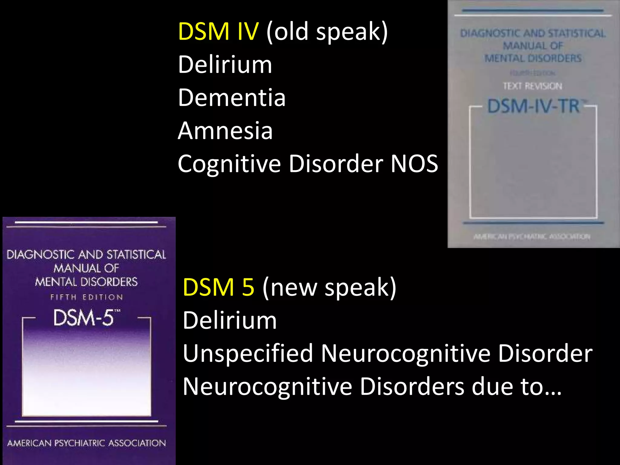 DSM IV (old speak)
Delirium
Dementia
Amnesia
Cognitive Disorder NOS
DSM 5 (new speak)
Delirium
Unspecified Neurocognitive Disorder
Neurocognitive Disorders due to…
 