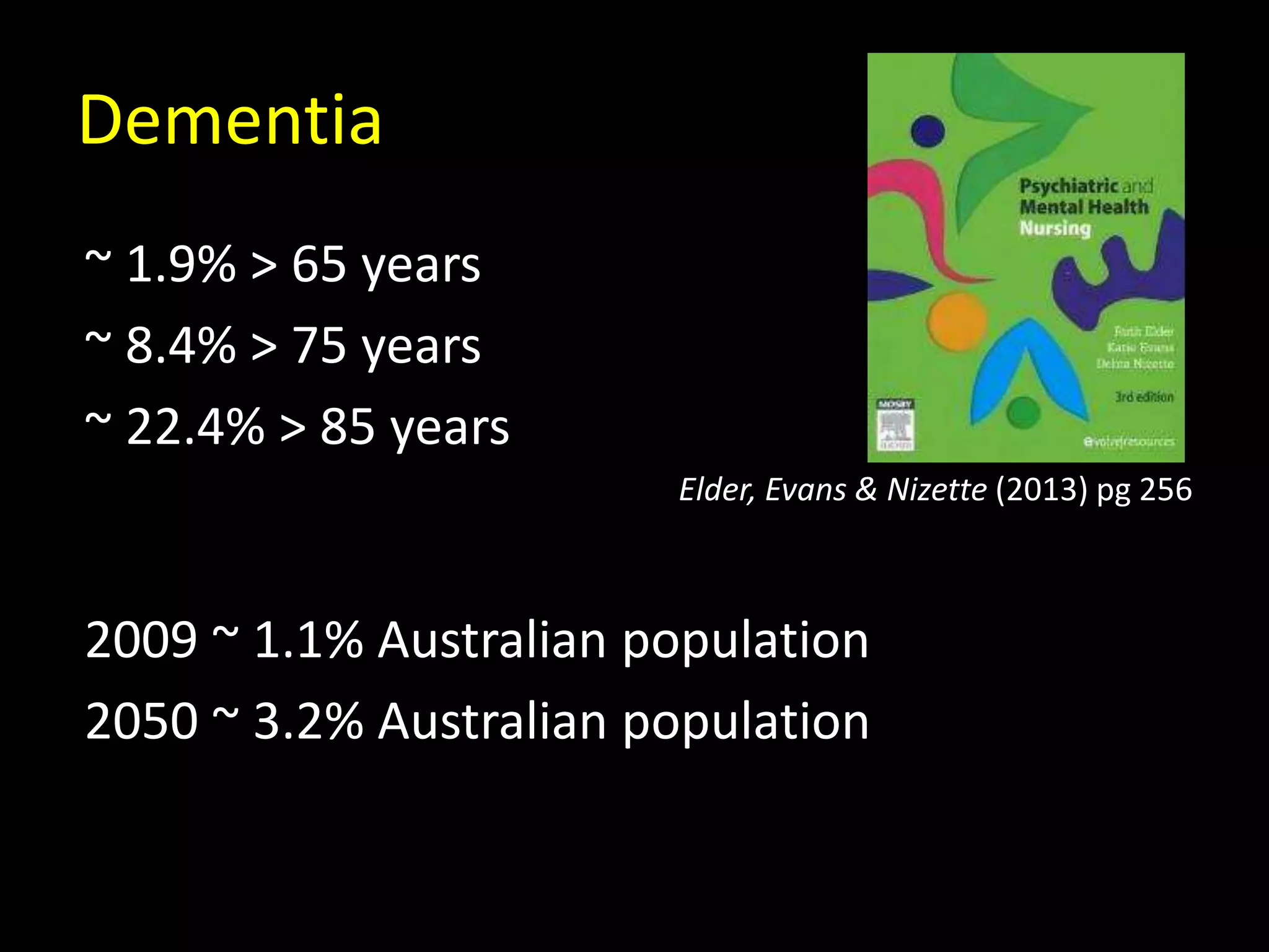Dementia
~ 1.9% > 65 years
~ 8.4% > 75 years
~ 22.4% > 85 years
Elder, Evans & Nizette (2013) pg 256
2009 ~ 1.1% Australian population
2050 ~ 3.2% Australian population
 
