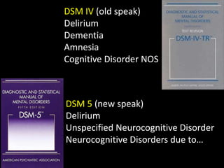 DSM IV (old speak)
Delirium
Dementia
Amnesia
Cognitive Disorder NOS
DSM 5 (new speak)
Delirium
Unspecified Neurocognitive Disorder
Neurocognitive Disorders due to…
 