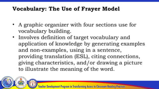 Vocabulary: The Use of Frayer Model
• A graphic organizer with four sections use for
vocabulary building.
• Involves definition of target vocabulary and
application of knowledge by generating examples
and non-examples, using in a sentence,
providing translation (ESL), citing connections,
giving characteristics, and/or drawing a picture
to illustrate the meaning of the word.
 