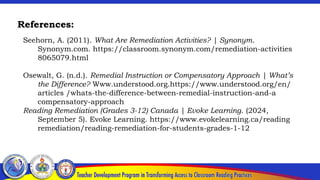 References:
Seehorn, A. (2011). What Are Remediation Activities? | Synonym.
Synonym.com. https://classroom.synonym.com/remediation-activities
8065079.html
Osewalt, G. (n.d.). Remedial Instruction or Compensatory Approach | What’s
the Difference? Www.understood.org.https://www.understood.org/en/
articles /whats-the-difference-between-remedial-instruction-and-a
compensatory-approach
Reading Remediation (Grades 3-12) Canada | Evoke Learning. (2024,
September 5). Evoke Learning. https://www.evokelearning.ca/reading
remediation/reading-remediation-for-students-grades-1-12
 