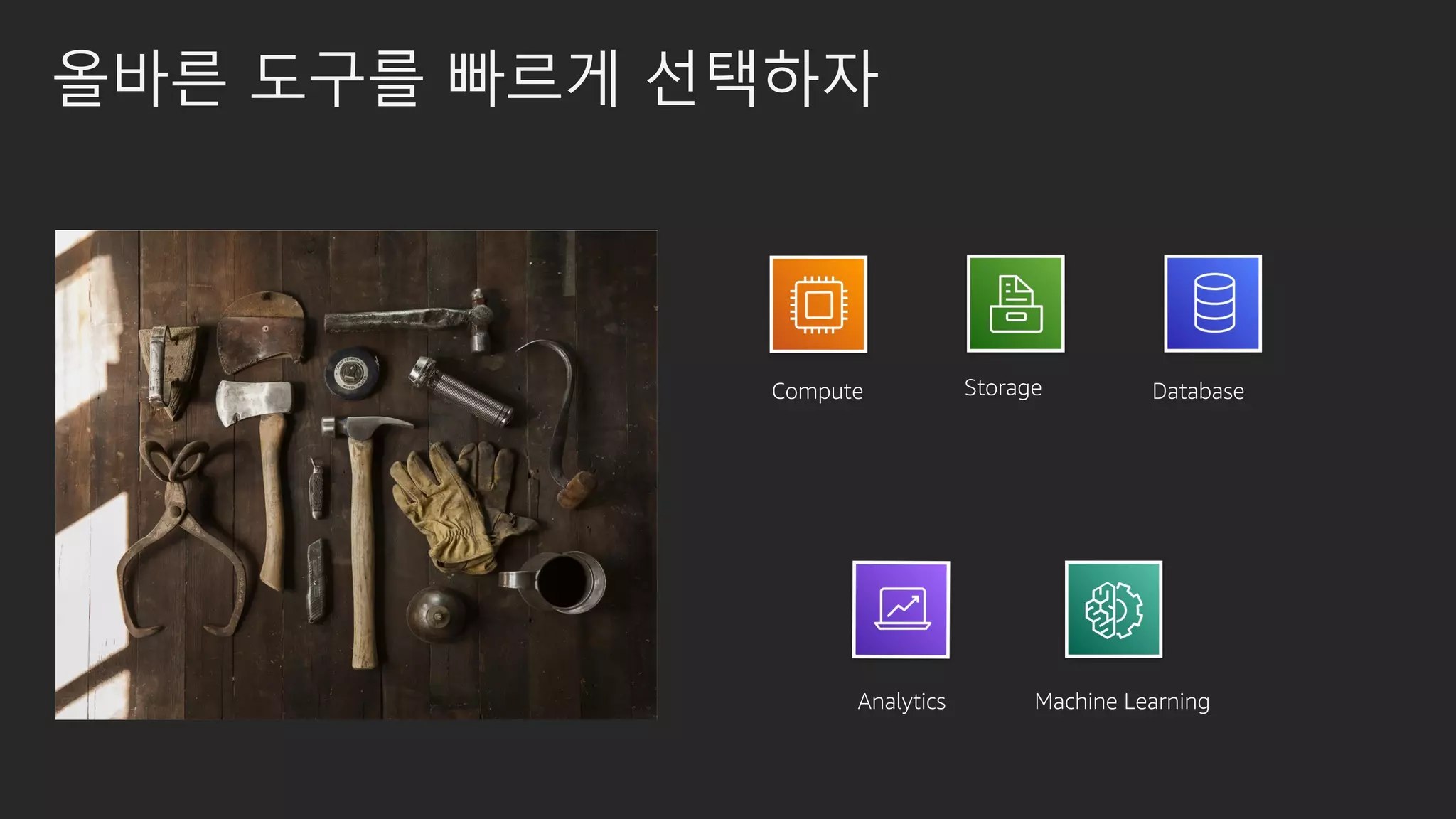 올바른 도구를 빠르게 선택하자
Compute Storage Database
Analytics Machine Learning
 