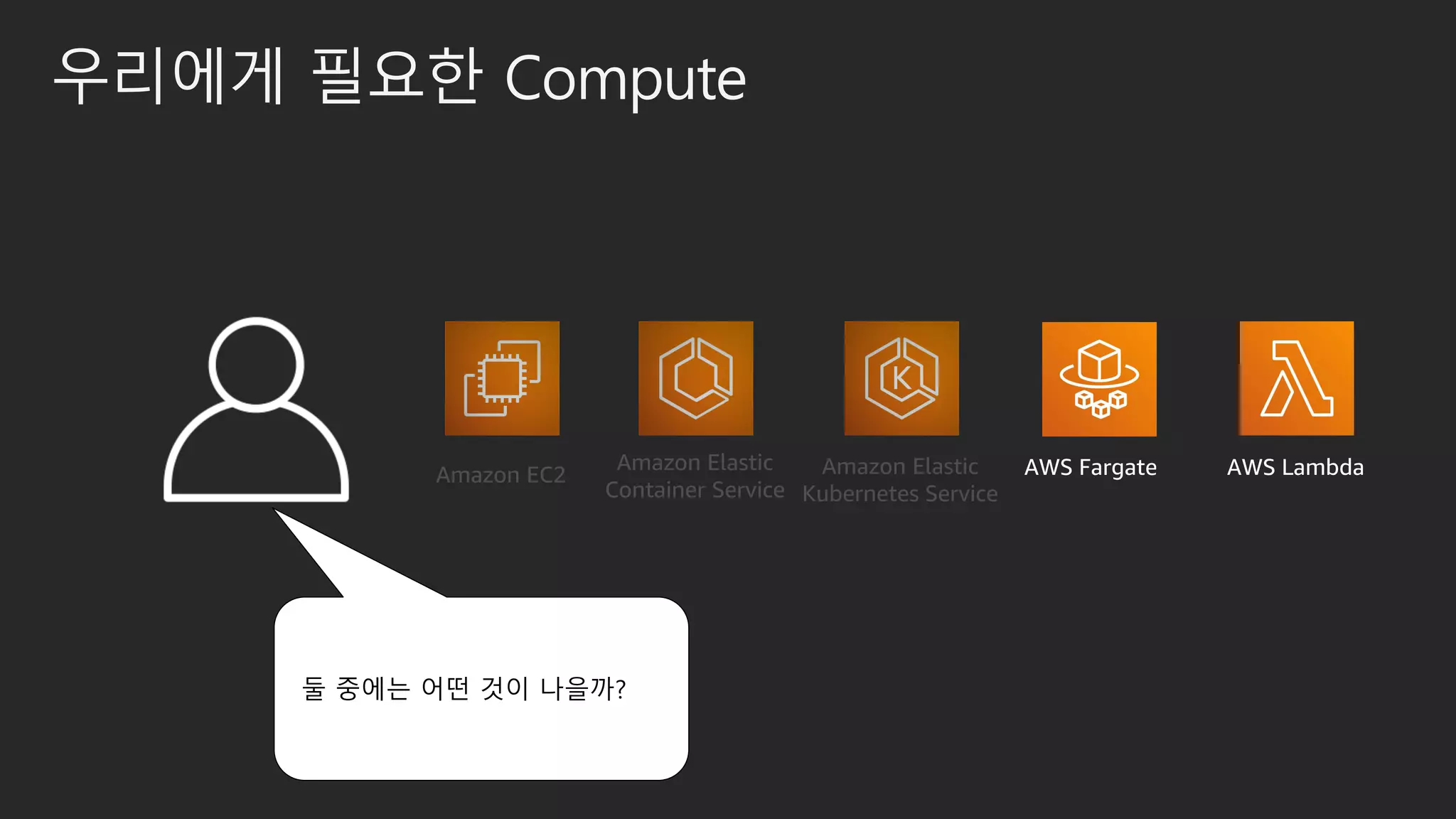 우리에게 필요한 Compute
둘 중에는 어떤 것이 나을까?
AWS Fargate AWS Lambda
 