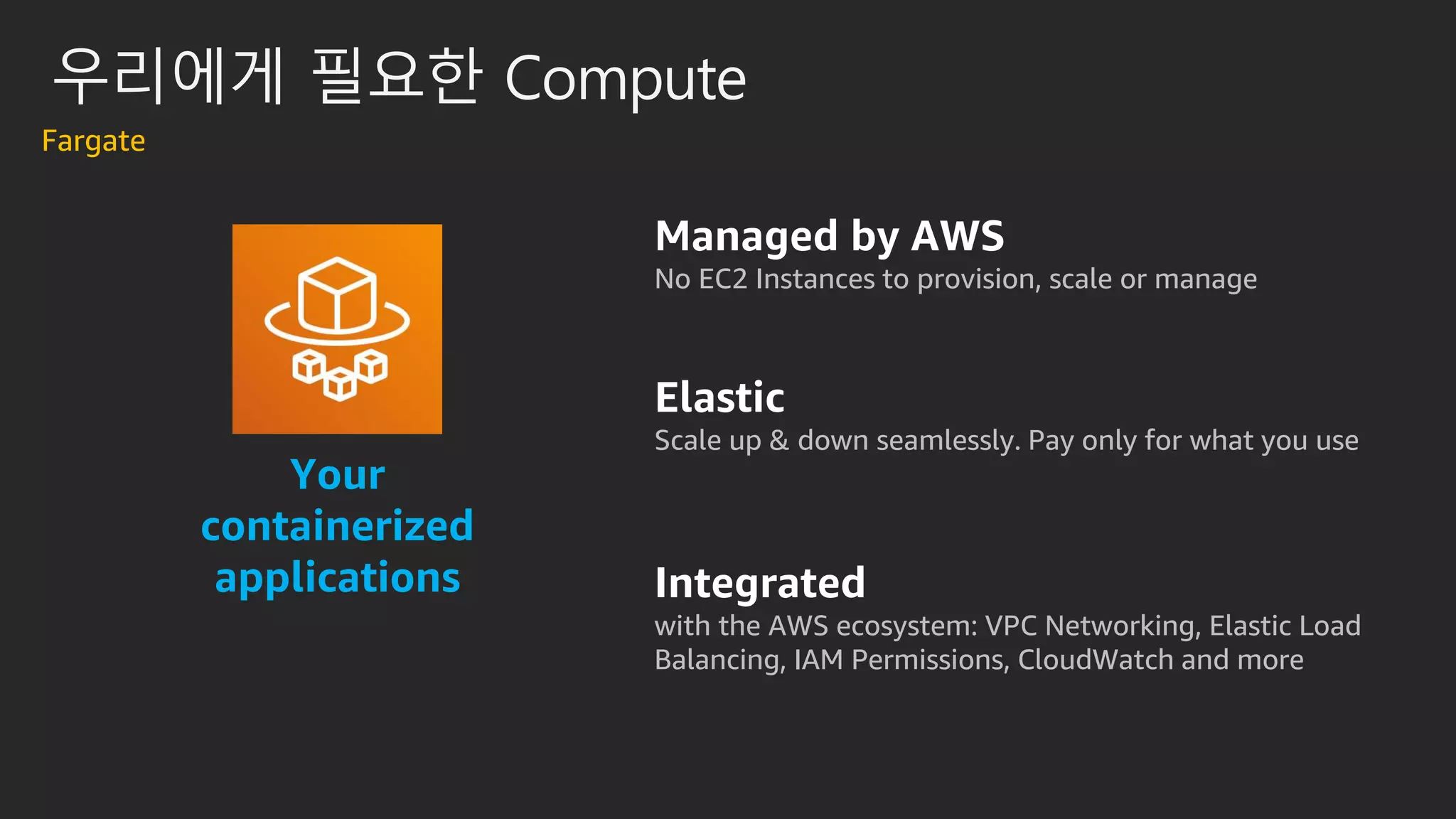 Your
containerized
applications
Managed by AWS
No EC2 Instances to provision, scale or manage
Elastic
Scale up & down seamlessly. Pay only for what you use
Integrated
with the AWS ecosystem: VPC Networking, Elastic Load
Balancing, IAM Permissions, CloudWatch and more
우리에게 필요한 Compute
Fargate
 