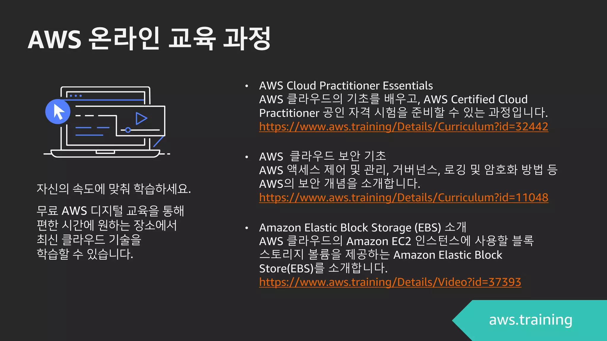 AWS 온라인 교육 과정
• AWS Cloud Practitioner Essentials
AWS 클라우드의 기초를 배우고, AWS Certified Cloud
Practitioner 공인 자격 시험을 준비할 수 있는 과정입니다.
https://www.aws.training/Details/Curriculum?id=32442
• AWS 클라우드 보안 기초
AWS 액세스 제어 및 관리, 거버넌스, 로깅 및 암호화 방법 등
AWS의 보안 개념을 소개합니다.
https://www.aws.training/Details/Curriculum?id=11048
• Amazon Elastic Block Storage (EBS) 소개
AWS 클라우드의 Amazon EC2 인스턴스에 사용할 블록
스토리지 볼륨을 제공하는 Amazon Elastic Block
Store(EBS)를 소개합니다.
https://www.aws.training/Details/Video?id=37393
자신의 속도에 맞춰 학습하세요.
무료 AWS 디지털 교육을 통해
편한 시간에 원하는 장소에서
최신 클라우드 기술을
학습할 수 있습니다.
 