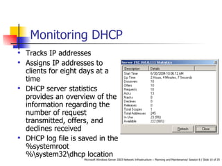 Monitoring DHCP Tracks IP addresses Assigns IP addresses to clients for eight days at a time  DHCP server statistics provides an overview of the information regarding the number of request transmitted, offers, and declines received DHCP log file is saved in the %systemroot%\system32\dhcp location 
