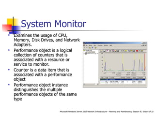 System Monitor Examines the usage of CPU, Memory, Disk Drives, and Network Adapters.  Performance object is a logical collection of counters that is associated with a resource or service to monitor.  Counter is a data item that is associated with a performance object Performance object instance distinguishes the multiple performance objects of the same type 