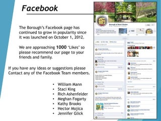 Facebook
The Borough‟s Facebook page has
continued to grow in popularity since
it was launched on October 1, 2012.
We are approaching 1000 „Likes‟ so
please recommend our page to your
friends and family.
If you have any ideas or suggestions please
Contact any of the Facebook Team members.
• William Mann
• Staci King
• Rich Ashenfelder
• Meghan Fogarty
• Kathy Brooks
• Hector Mojica
• Jennifer Glick
 