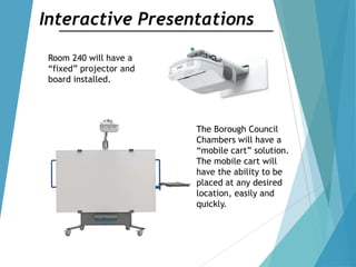 Interactive Presentations
Room 240 will have a
“fixed” projector and
board installed.
The Borough Council
Chambers will have a
“mobile cart” solution.
The mobile cart will
have the ability to be
placed at any desired
location, easily and
quickly.
 