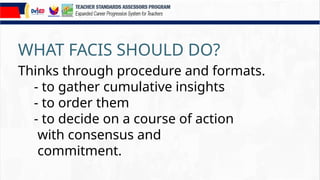 WHAT FACIS SHOULD DO?
Thinks through procedure and formats.
- to gather cumulative insights
- to order them
- to decide on a course of action
with consensus and
commitment.
 