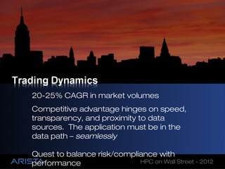 20-25% CAGR in market volumes
Competitive advantage hinges on speed,
transparency, and proximity to data
sources. The application must be in the
data path – seamlessly

Quest to balance risk/compliance with
performance                 HPC on Wall Street - 2012
 
