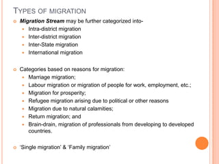 TYPES OF MIGRATION
   Migration Stream may be further categorized into-
     Intra-district migration
     Inter-district migration
     Inter-State migration
     International migration


   Categories based on reasons for migration:
      Marriage migration;
      Labour migration or migration of people for work, employment, etc.;
      Migration for prosperity;
      Refugee migration arising due to political or other reasons
      Migration due to natural calamities;
      Return migration; and
      Brain-drain, migration of professionals from developing to developed
       countries.

   ‘Single migration’ & ‘Family migration’
 